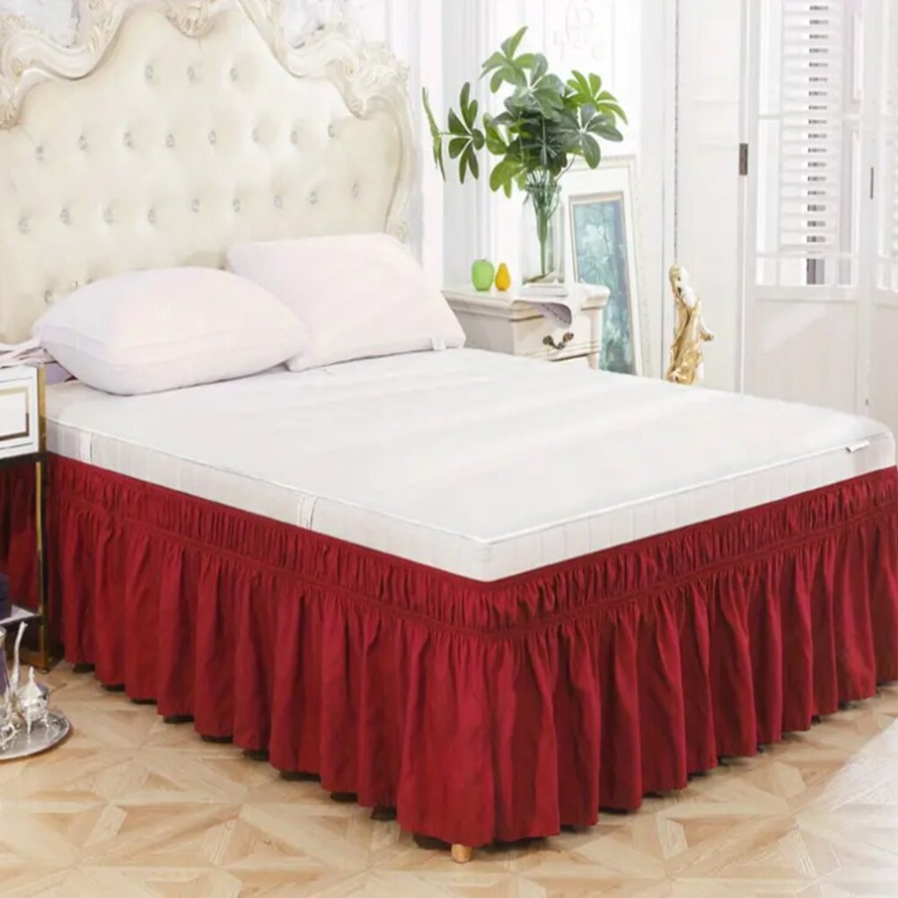 Burgundy Bed Skirt Elastic Adjustable, For Bedroom Guest Room Size Queen/King